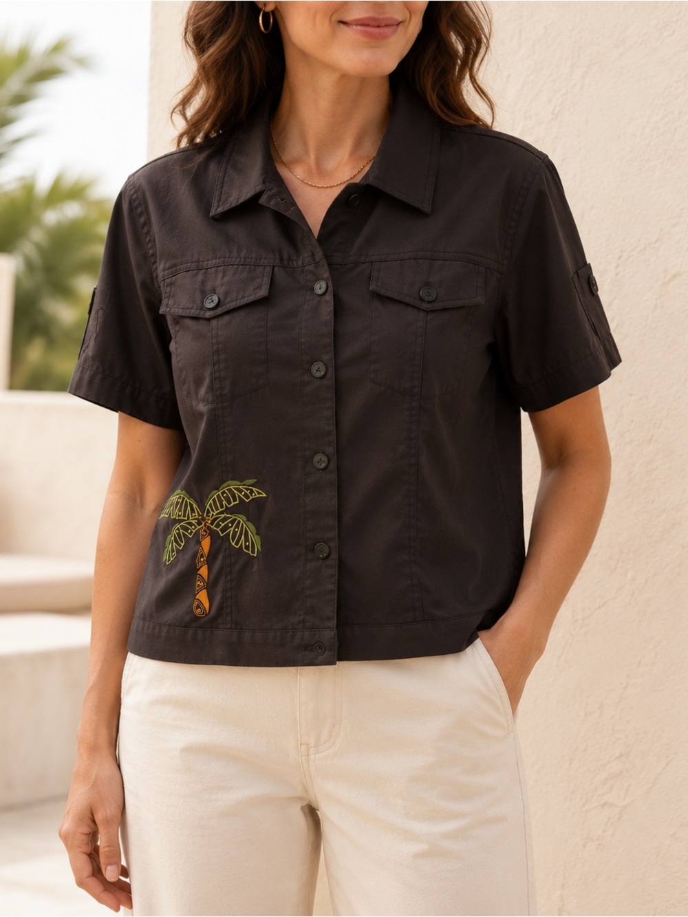 Erin London Brown Palm Tree Embroidered Stretch Shirt Jacket Size Small